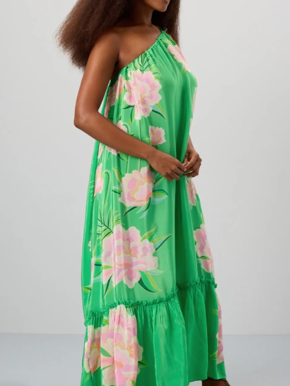 Farm Rio Floral Vibing Maxi Dress Size L Green One Shoulder Tropical - Picture 2 of 10